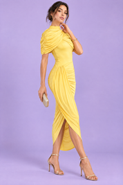 Robe jaune asymétrique drapée | Vue de dos | Lounelle Paris