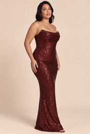 Robe longue à sequins bordeaux, col bénitier | Porté sur une autre silhouette | Lounelle Paris