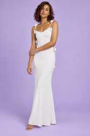 Robe longue blanche ornée d'applications florales | Vue de face | Lounelle Paris