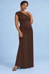 Robe longue de grossesse marron à encolure asymétrique et taille basse
