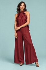 Robe longue rouge brique à volants et encolure américaine