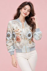 Bomber bleu clair fleuri orné de perles