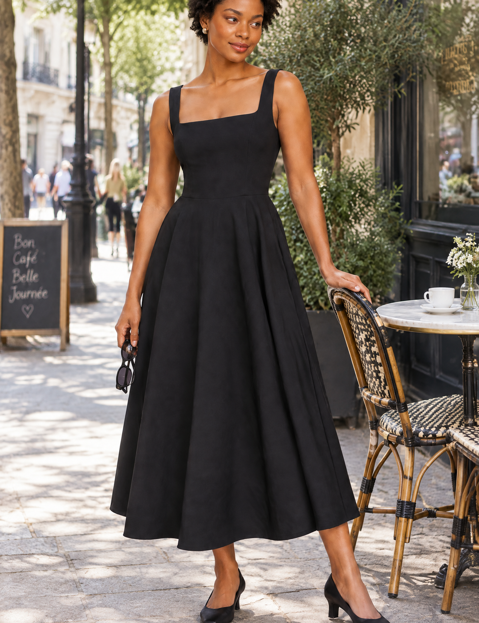 Robe midi noire à fines bretelles et ourlet ample | Photo lifestyle | Lounelle Paris