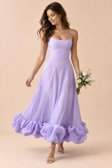 Robe midi lilas évasée à bas volanté