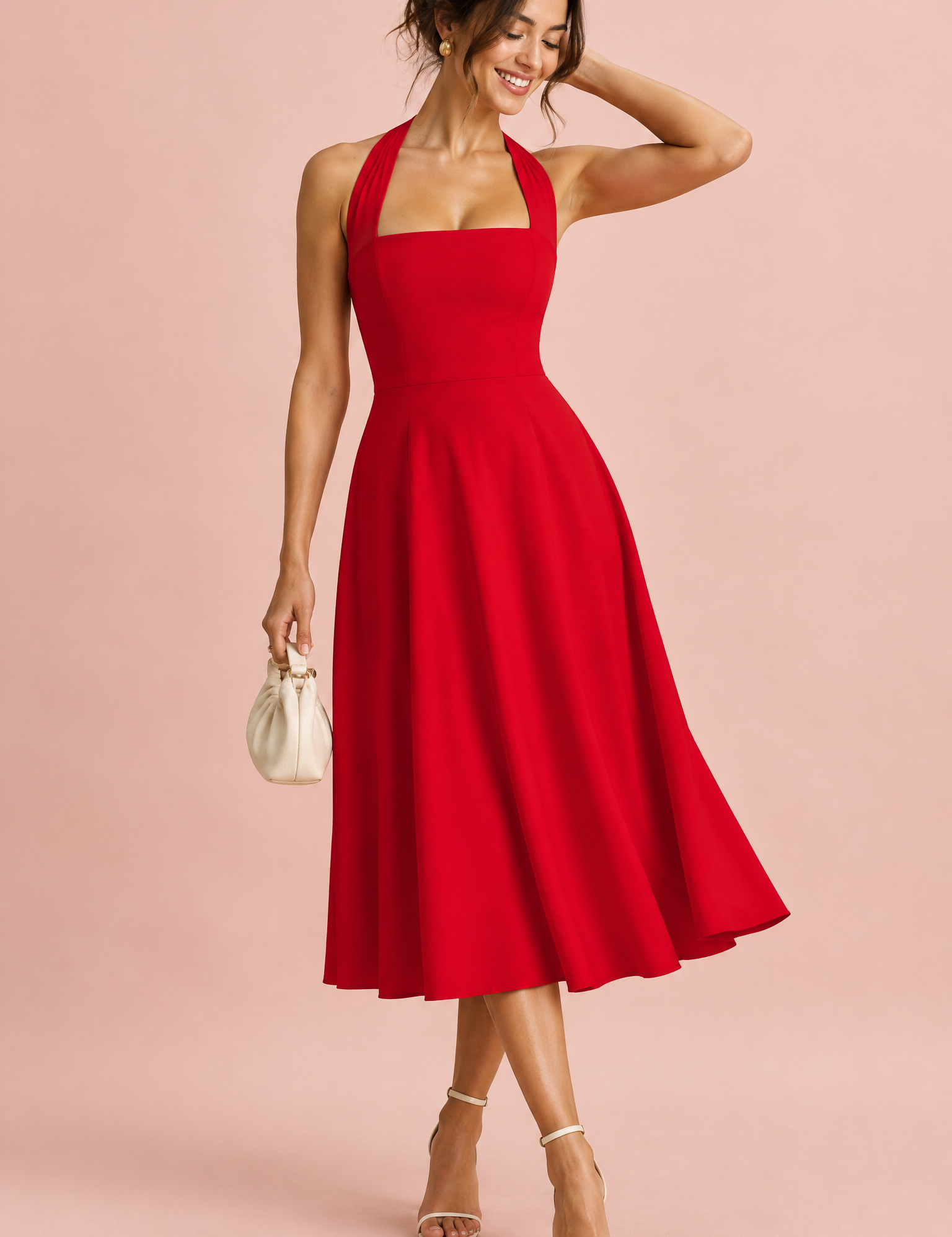 Robe midi patineuse rouge à col américain | Vue de face | Lounelle Paris