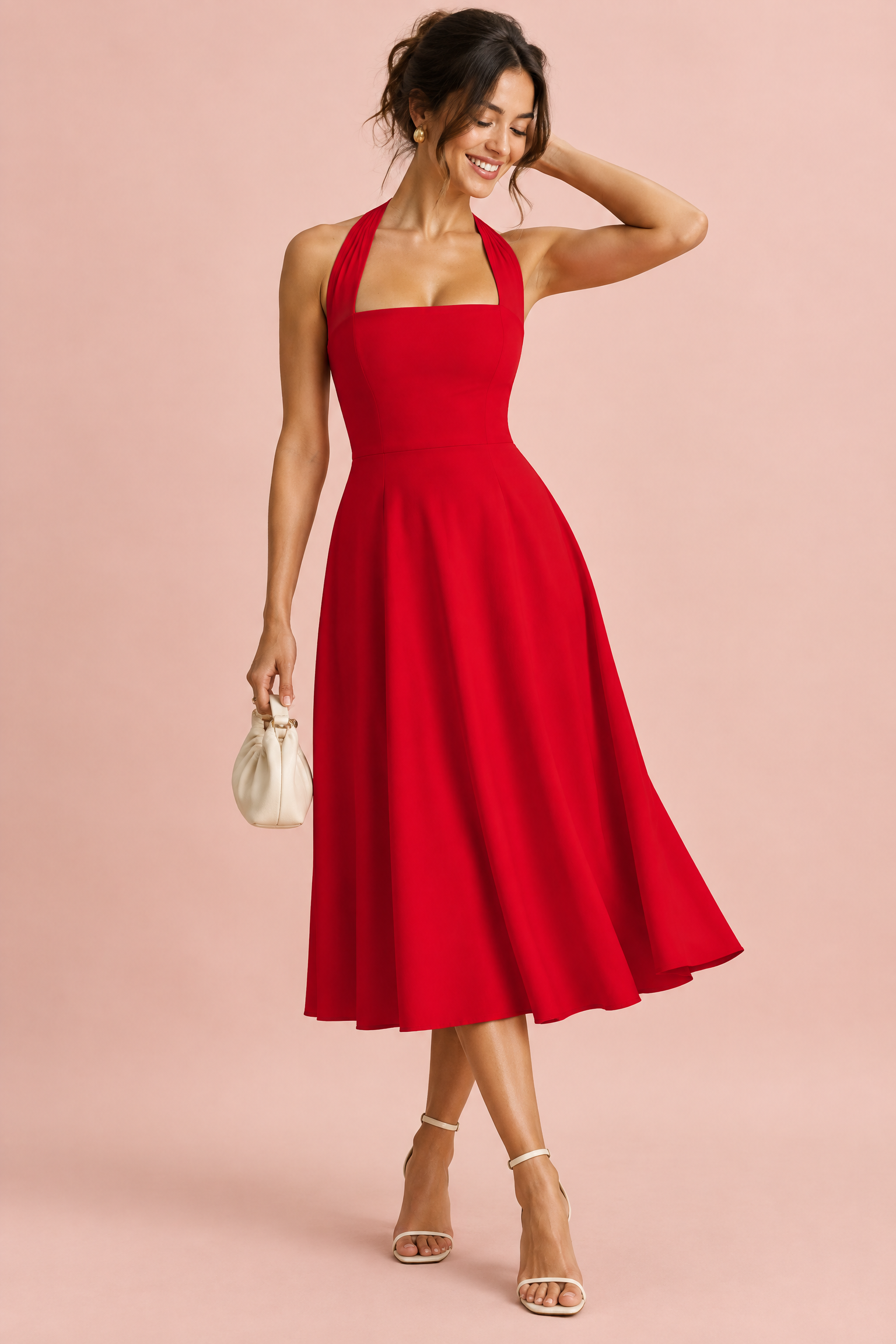 Robe midi patineuse rouge à col américain | Vue de face | Lounelle Paris