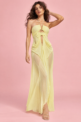 Robe longue jaune asymétrique à découpes