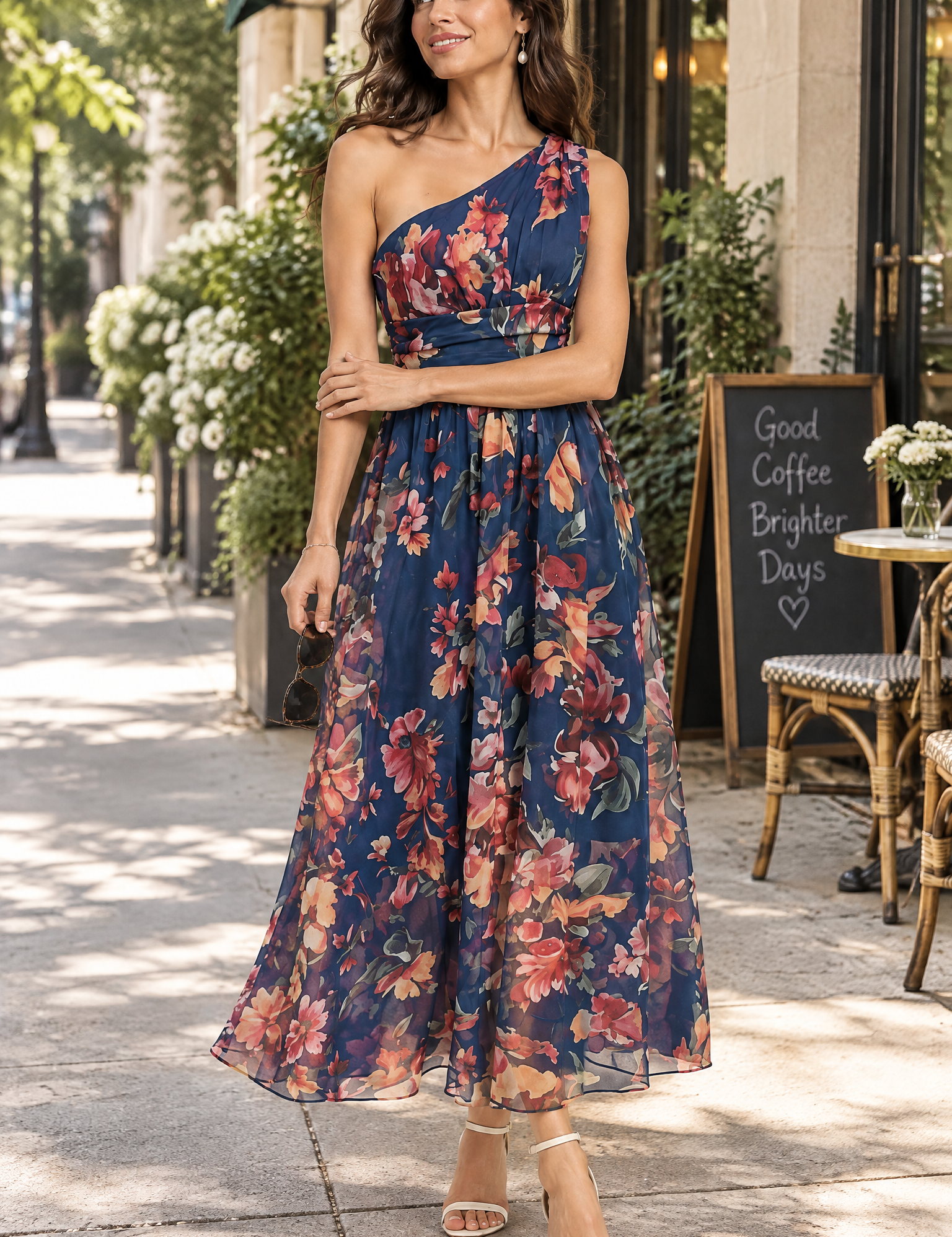 Robe longue fleurie bleue à une épaule, coupe trapèze | Photo lifestyle | Lounelle Paris