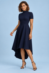 Robe midi asymétrique à col montant bleu marine
