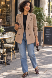 Blazer marron croisé à revers | Photo lifestyle | Lounelle Paris