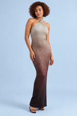 Robe longue gris dégradé à col halter et fronces
