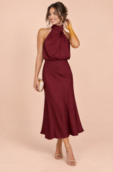 Robe midi trapèze bordeaux à col foulard