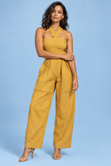 Combinaison à encolure dos nu et jambes larges jaune tournesol