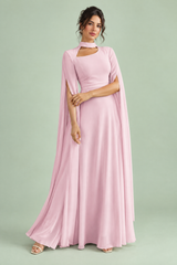 Robe longue rose à encolure carrée et manches cape
