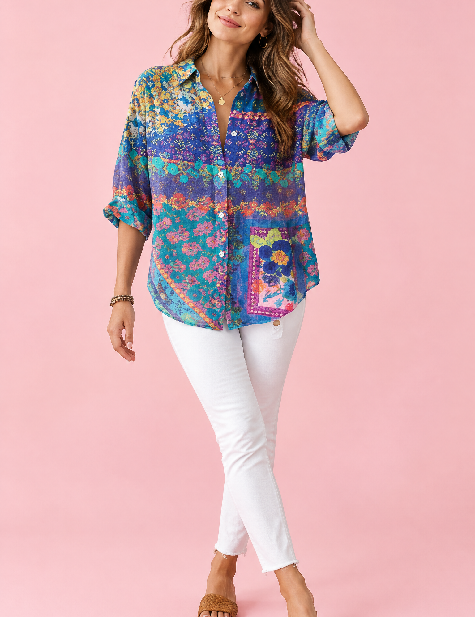Chemise longue fleurie bleue à col | Vue de face | Lounelle Paris