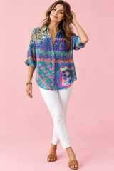 Chemise longue fleurie bleue à col