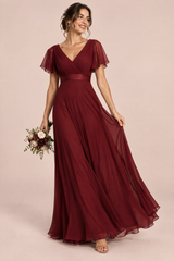 Robe longue plissée bordeaux à col V