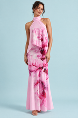 Robe longue asymétrique rose à fleurs en satin mat