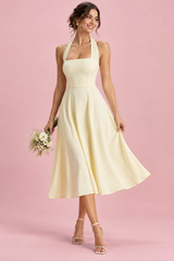 Robe midi patineuse jaune clair à col américain