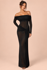 Robe longue noire en dentelle à col Bardot, avec détails froncés et lien à nouer