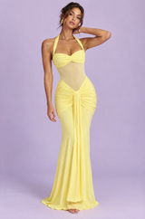 Robe longue jaune moulante à encolure américaine et fronces