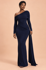 Robe longue bleu marine asymétrique drapée à une épaule