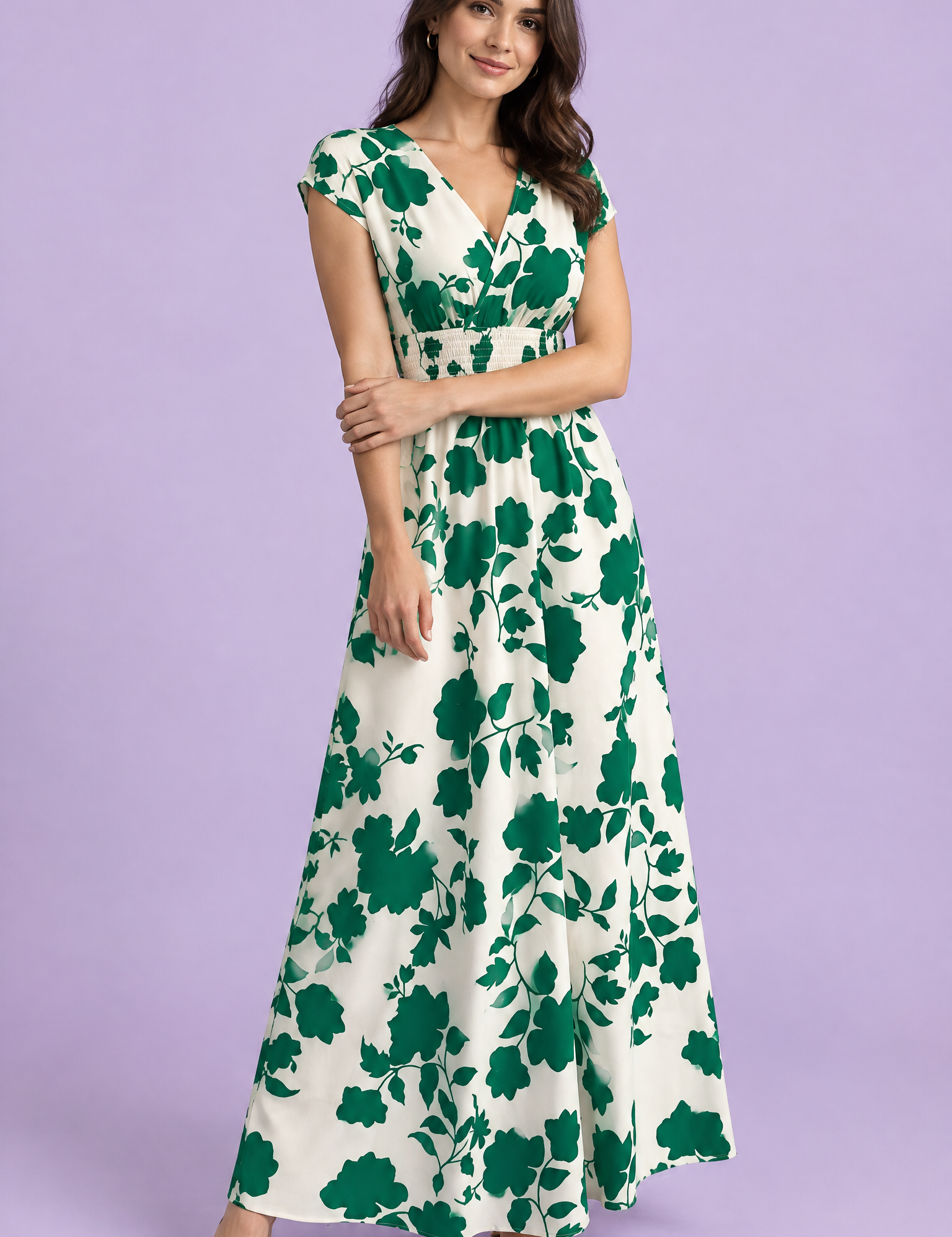 Robe longue verte à fleurs et taille smockée | Vue de face | Lounelle Paris