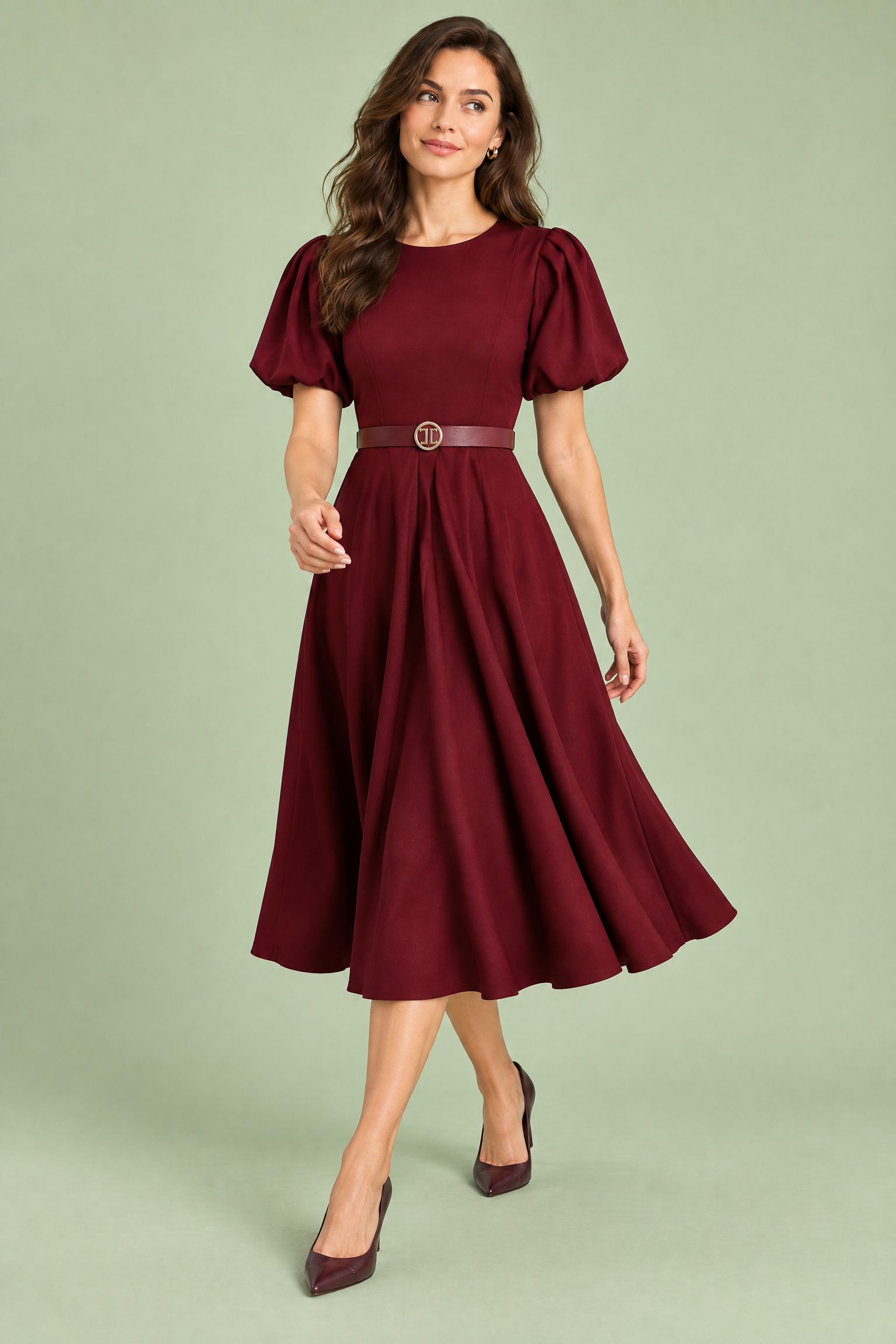 Robe midi bordeaux à col montant et manches bouffantes | Vue en mouvement | Lounelle Paris