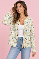 Cardigan fleuri boutonné blanc cassé