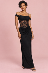 Robe longue noire froncée en dentelle