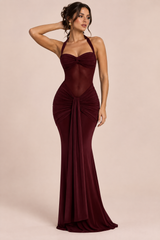 Robe longue bordeaux moulante à encolure américaine et fronces