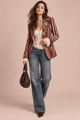 Blazer ajusté rouge à fleurs et rayures