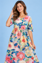 Robe midi trapèze à motif floral blanc cassé | Vue rapprochée | Lounelle Paris