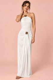 Robe longue blanche froncée à encolure américaine | Vue de face | Lounelle Paris