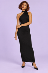 Robe longue noire à encolure asymétrique, avec col