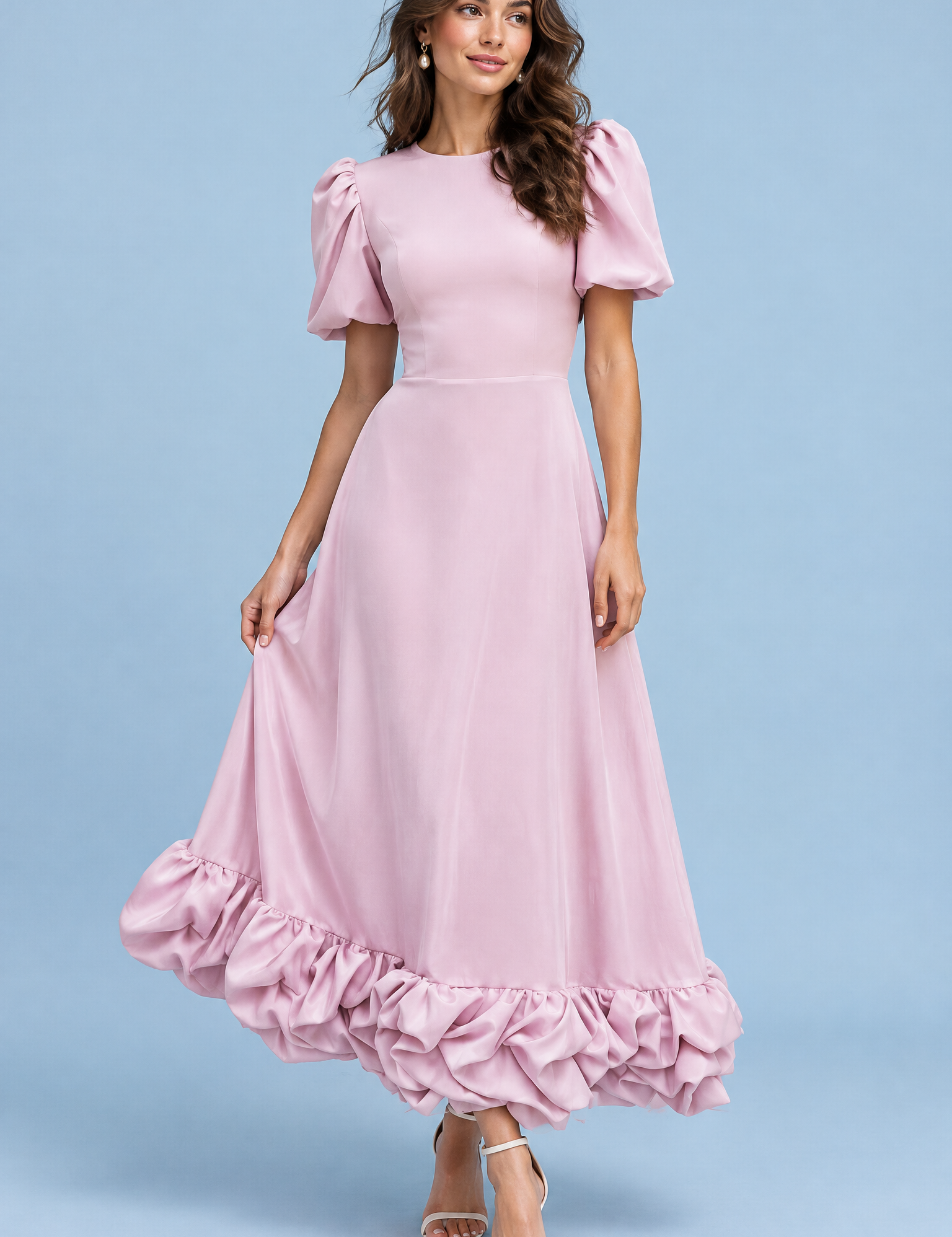 Robe longue rose à manches bouffantes et volant | Vue de face | Lounelle Paris