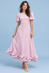 Robe longue rose à manches bouffantes et volant