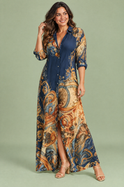 Robe-chemise midi imprimée bleu marine | Porté sur une autre silhouette | Lounelle Paris