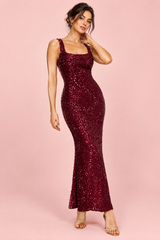 Robe longue à sequins bordeaux