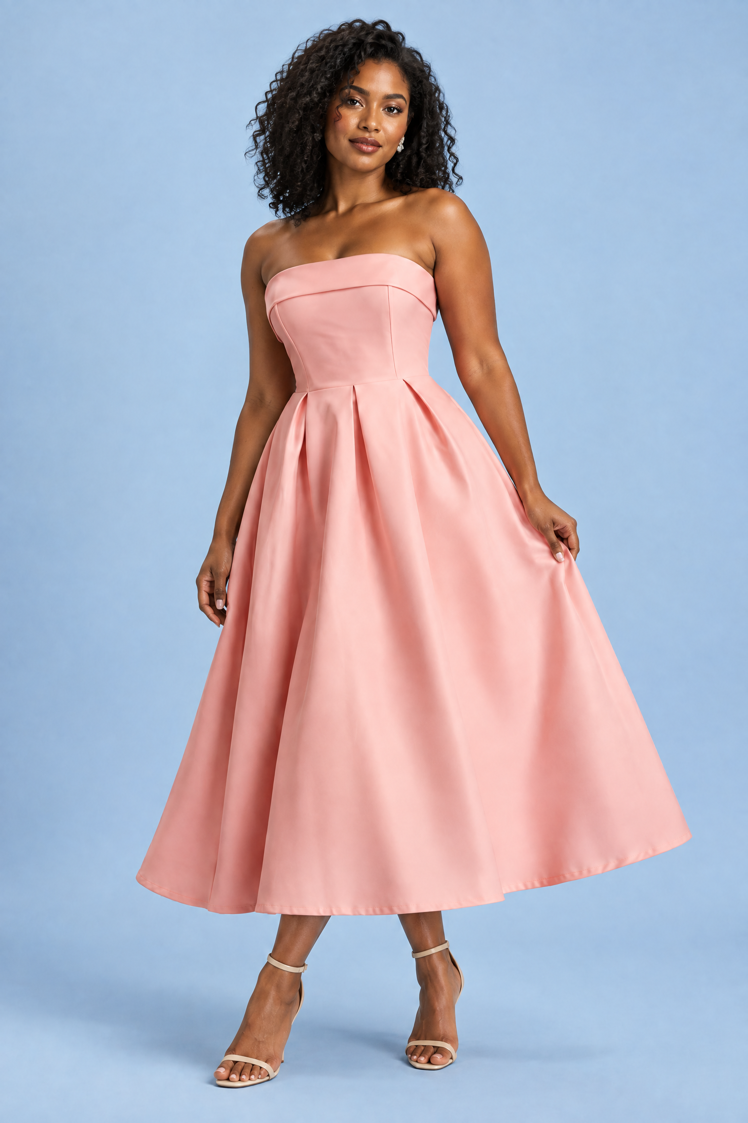 Robe midi patineuse bustier rose | Porté sur une autre silhouette | Lounelle Paris