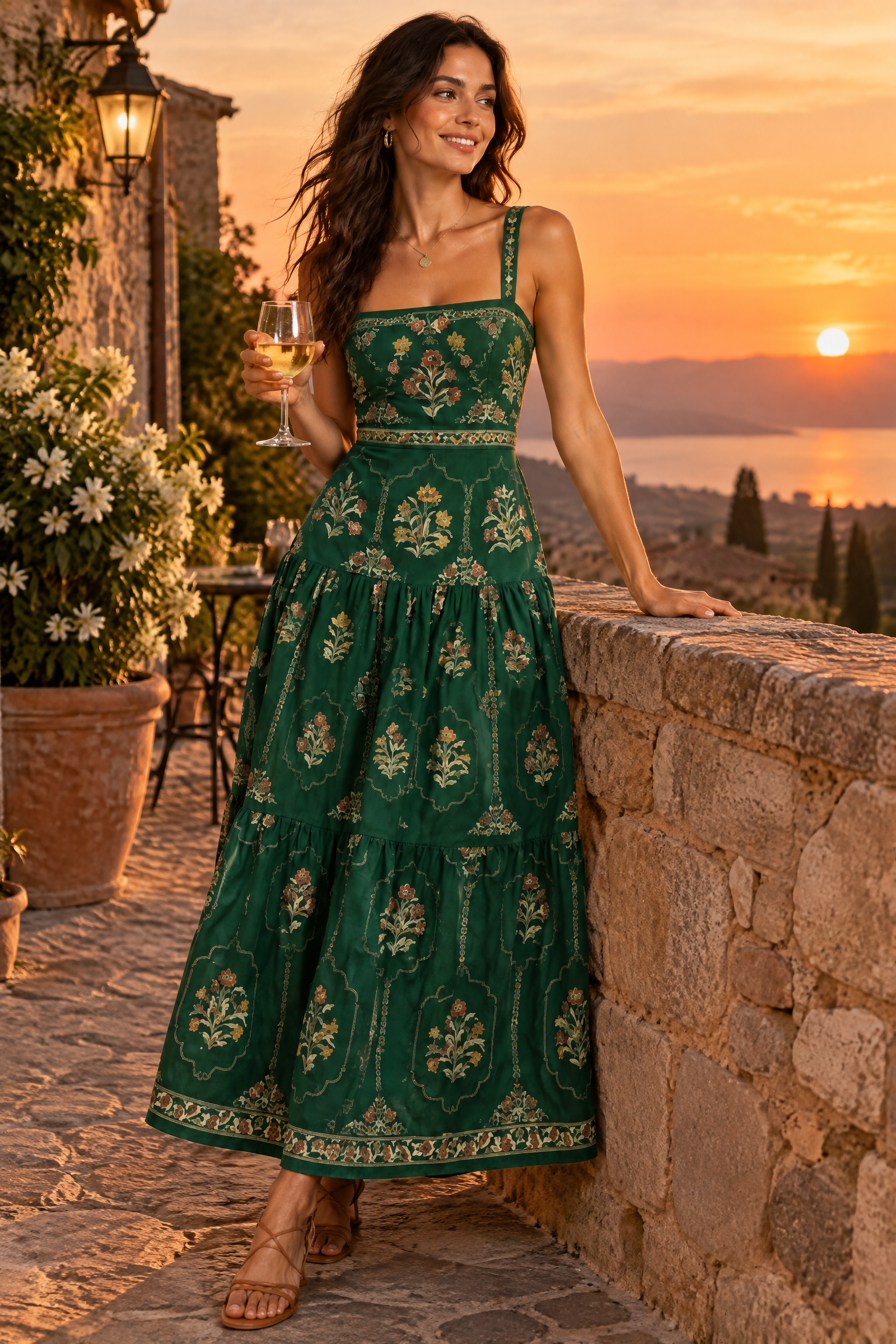 Robe longue vert forêt fleurie à volants | Deuxième photo lifestyle | Lounelle Paris