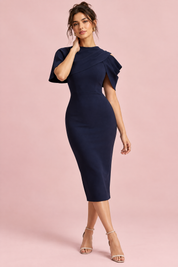 Robe midi moulante Berry avec cape drapée — Bleu marine | Vue de face | Lounelle Paris
