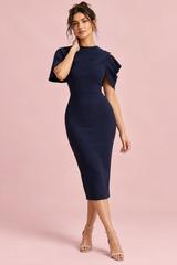 Robe midi moulante Berry avec cape drapée — Bleu marine