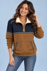 Pull marron à empiècements contrastés et demi-zip