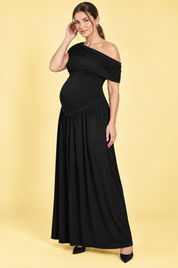Robe longue de grossesse noire à encolure asymétrique et taille basse | Porté sur une autre silhouette | Lounelle Paris