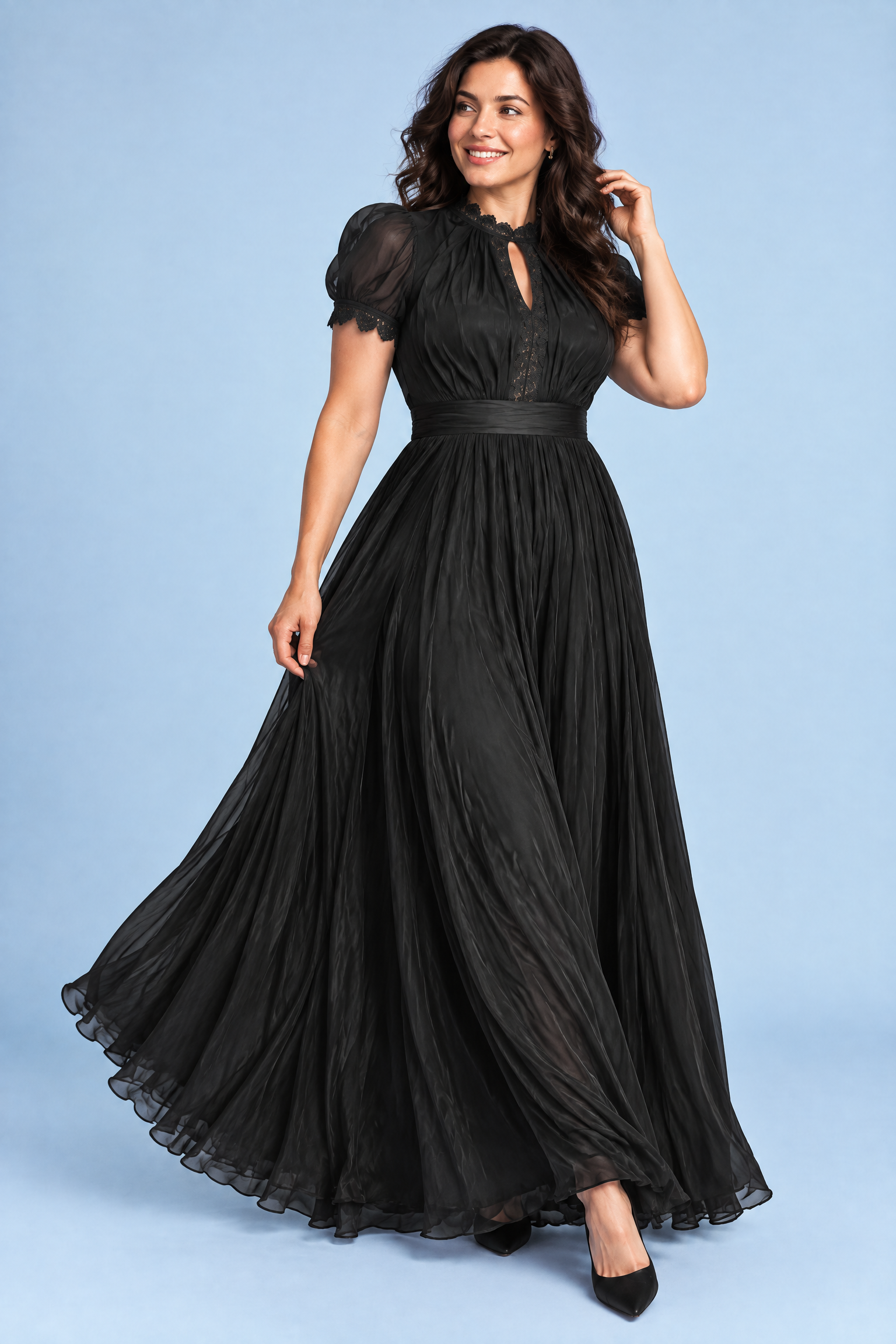 Robe longue noire à volants | Porté sur une autre silhouette | Lounelle Paris