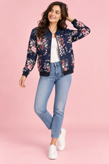 Veste bomber fleurie ajustée bleu marine