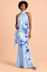 Robe longue asymétrique bleue à fleurs en satin mat