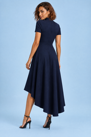 Robe midi asymétrique à col montant bleu marine | Vue de dos | Lounelle Paris