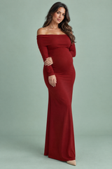 Robe longue de grossesse bordeaux en résille froncée à col Bardot